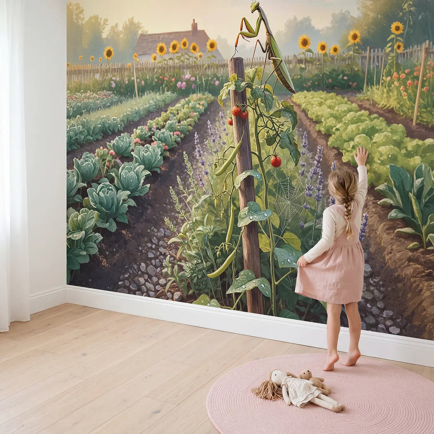 Child in nursery with Praying Mantis Garden Watch Wallpaper Mural by Whimsy Tots