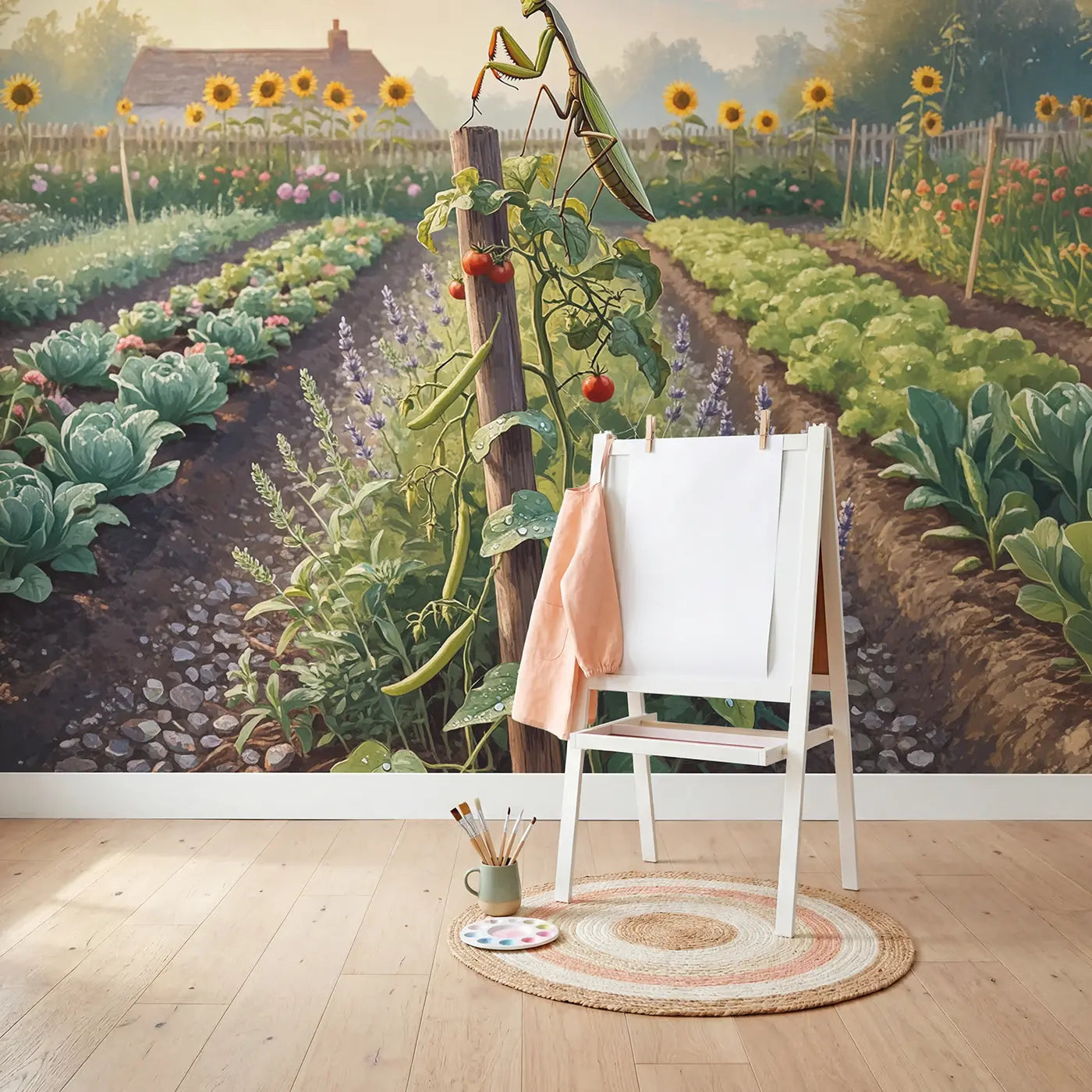 Praying Mantis Garden Watch Wallpaper Mural in playroom setting by Whimsy Tots