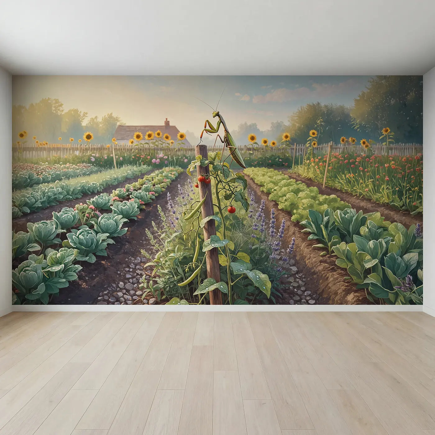 Full view of Praying Mantis Garden Watch Wallpaper Mural by Whimsy Tots