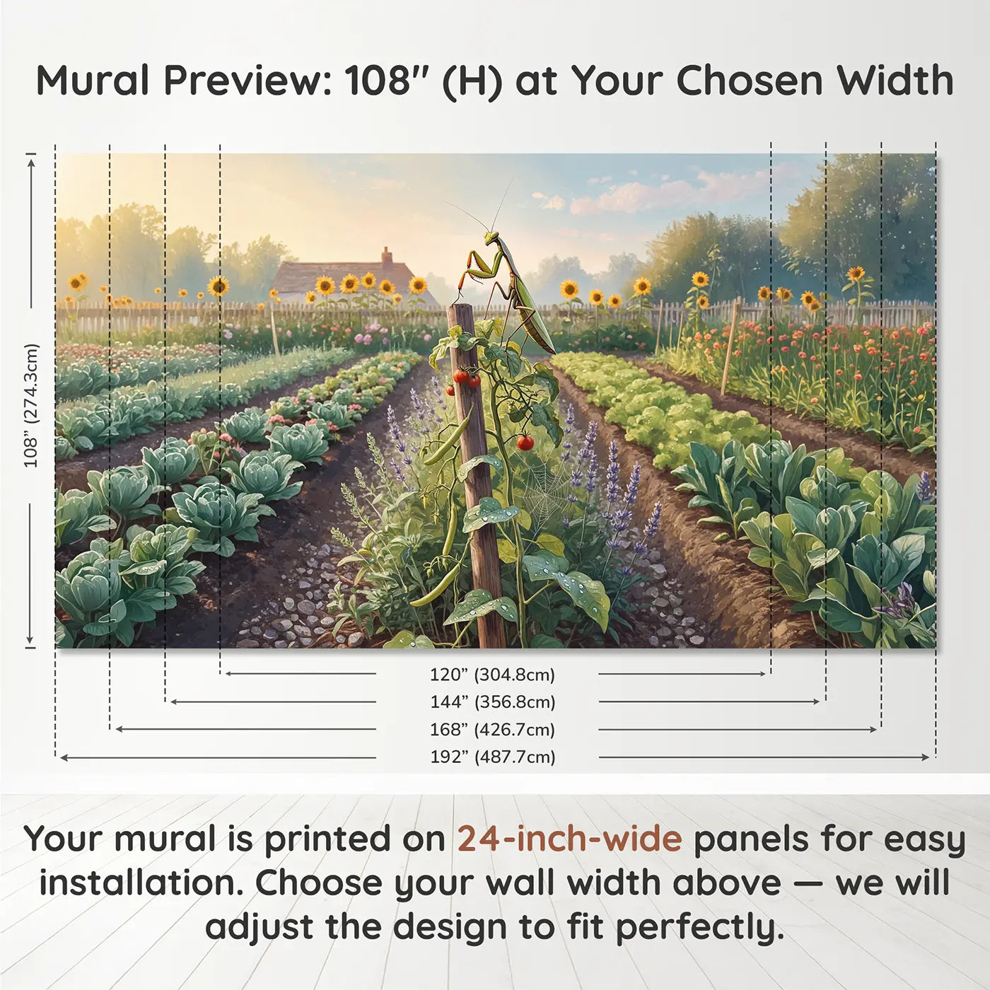Panel layout and dimensions for Praying Mantis Garden Watch Wallpaper Mural by Whimsy Tots