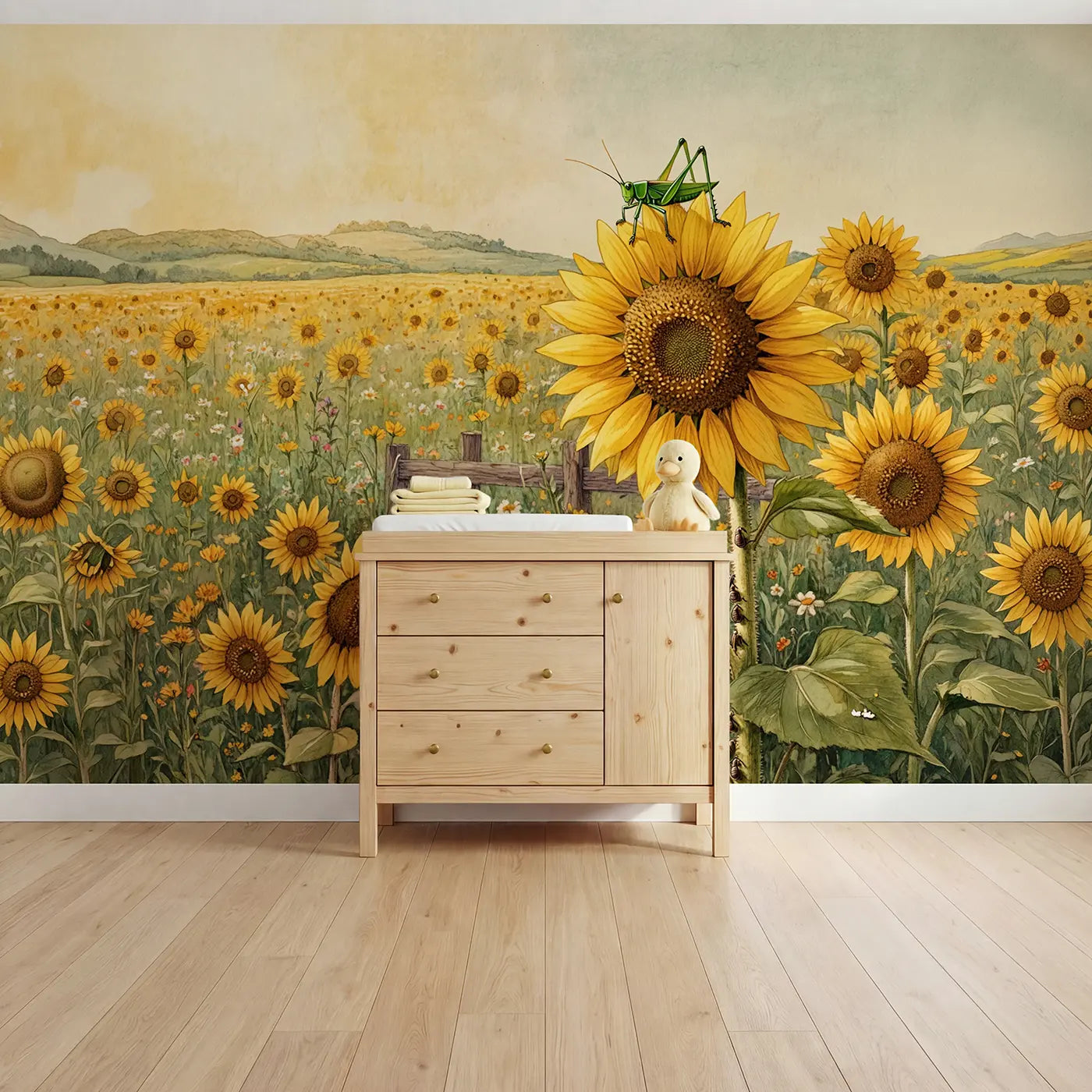Storybook sunflower grasshopper garden wallpaper mural for kids room by Whimsy Tots