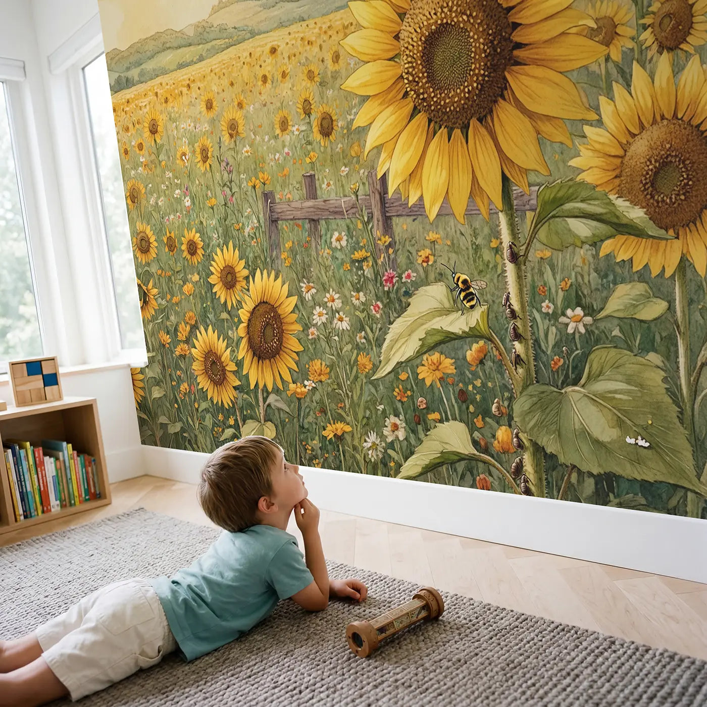Child in nursery with Sunflower Grasshopper Perch Wallpaper Mural by Whimsy Tots