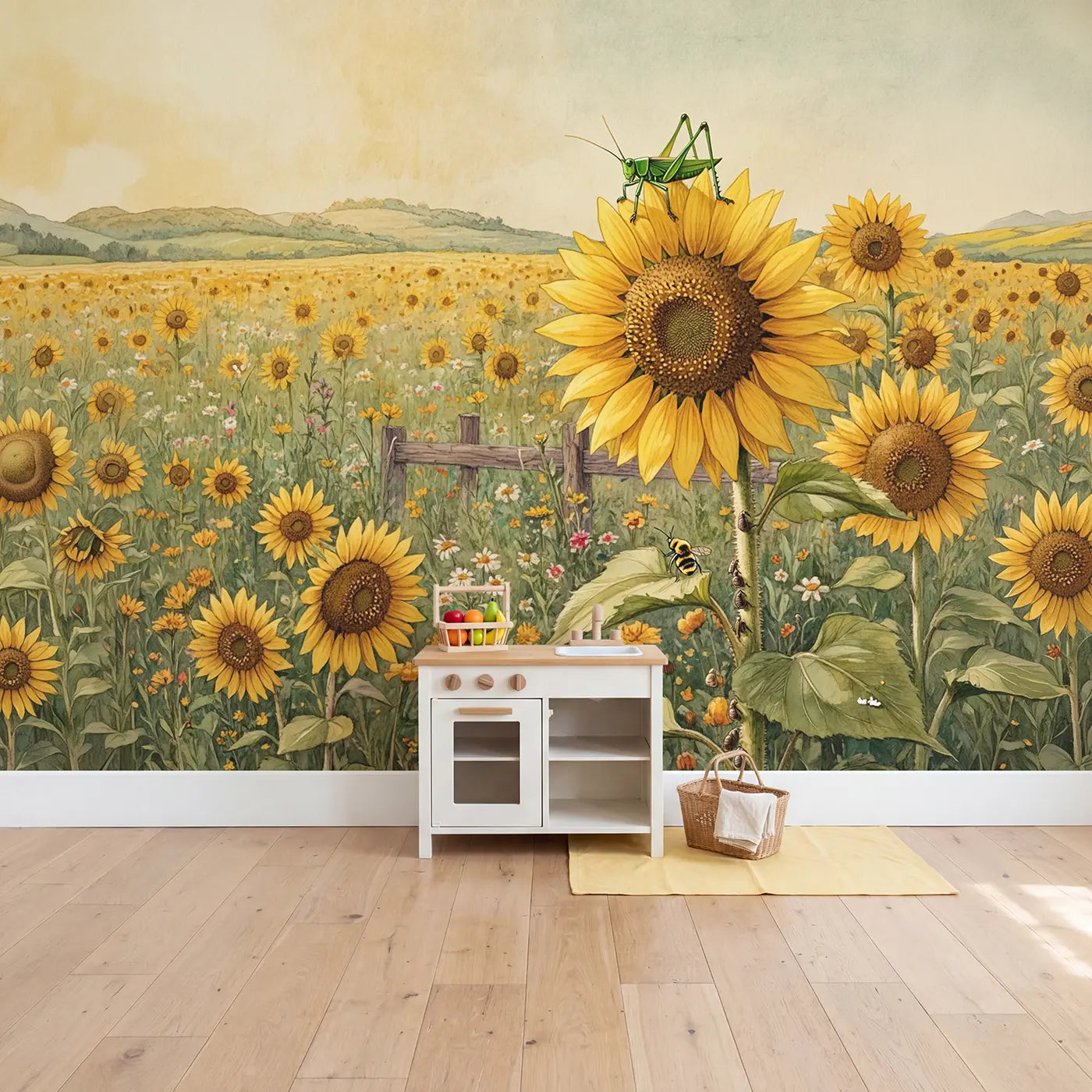 Sunflower Grasshopper Perch Wallpaper Mural in playroom setting by Whimsy Tots
