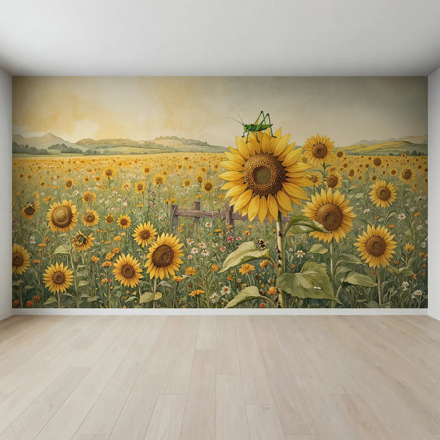Full view of Sunflower Grasshopper Perch Wallpaper Mural by Whimsy Tots