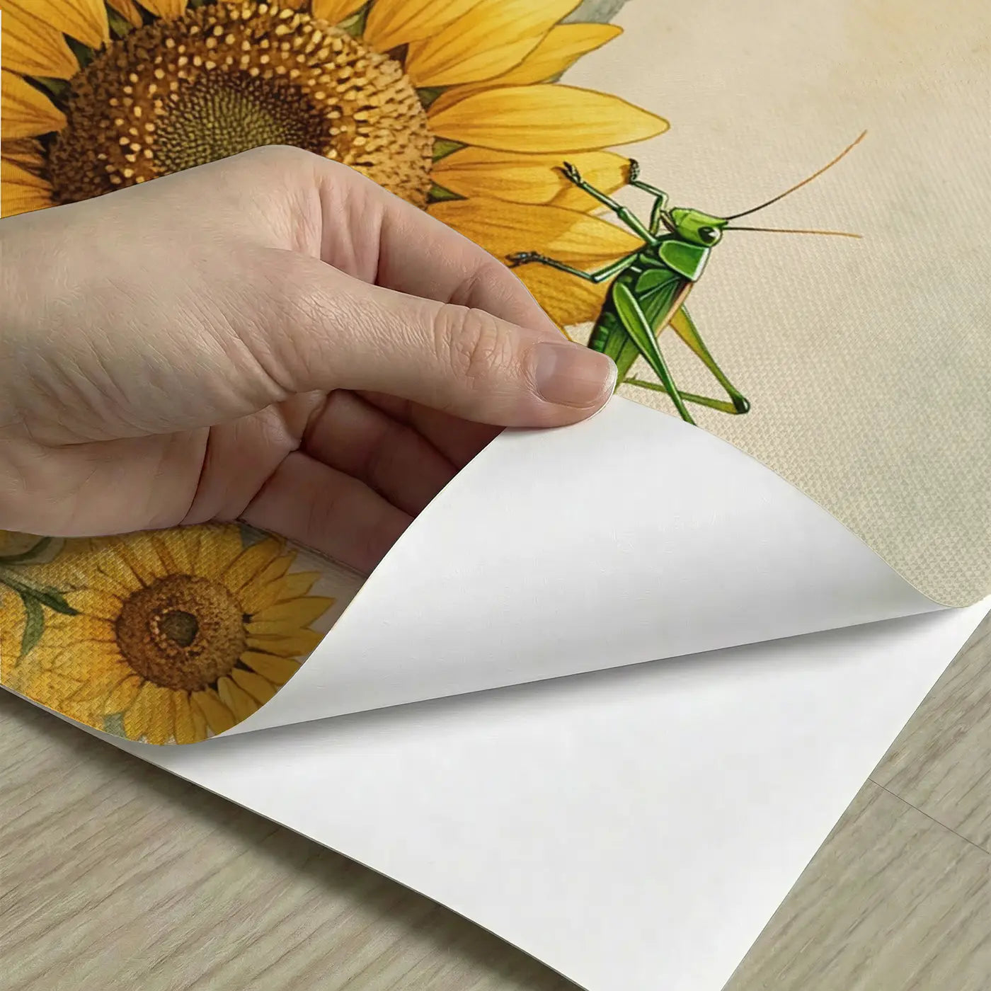 Peel-and-stick detail of Sunflower Grasshopper Perch Wallpaper Mural by Whimsy Tots
