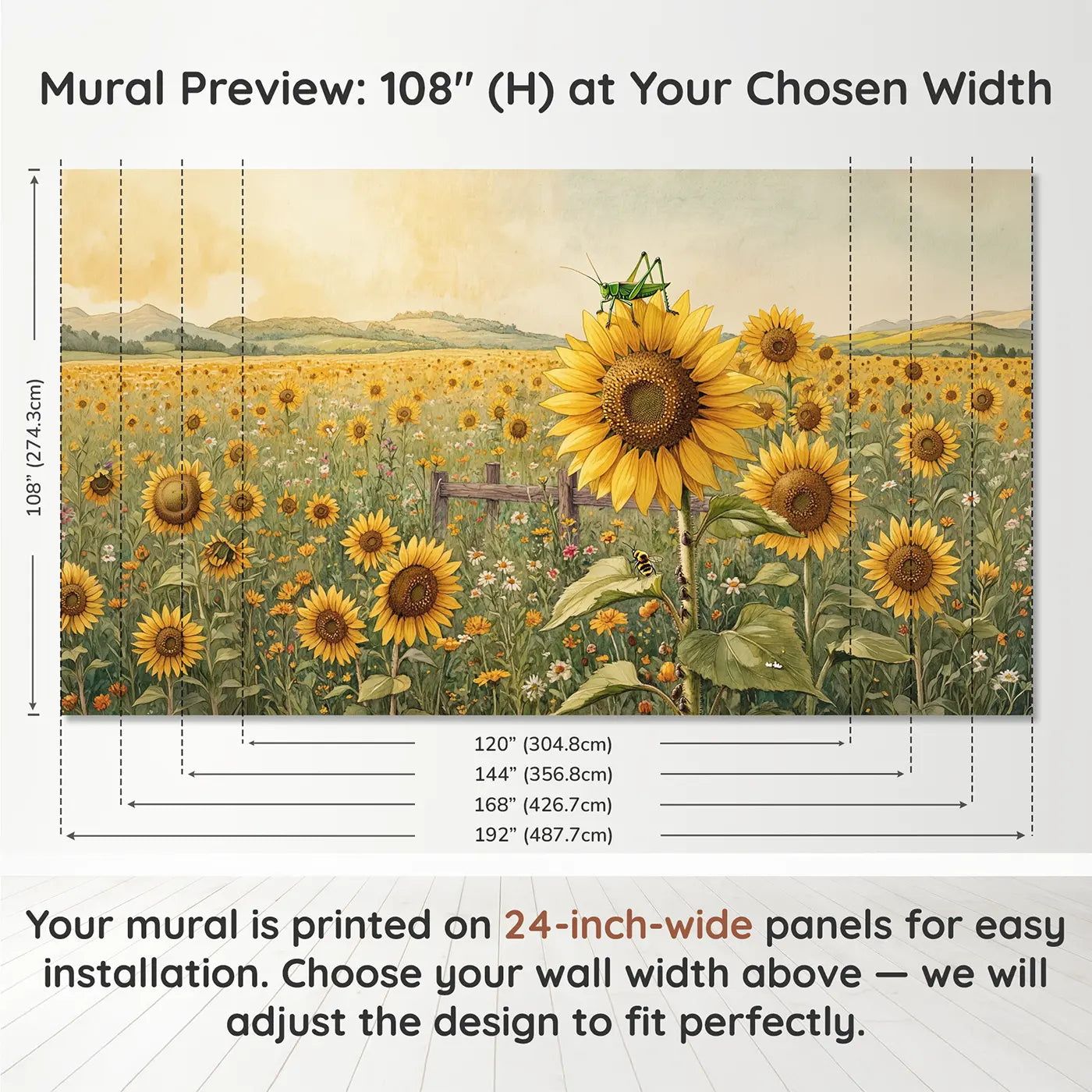 Panel layout and dimensions for Sunflower Grasshopper Perch Wallpaper Mural by Whimsy Tots