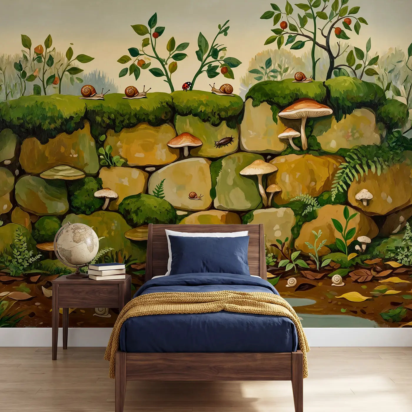 modern illustration snails mushrooms mossy garden wall wallpaper mural for kids room by Whimsy Tots