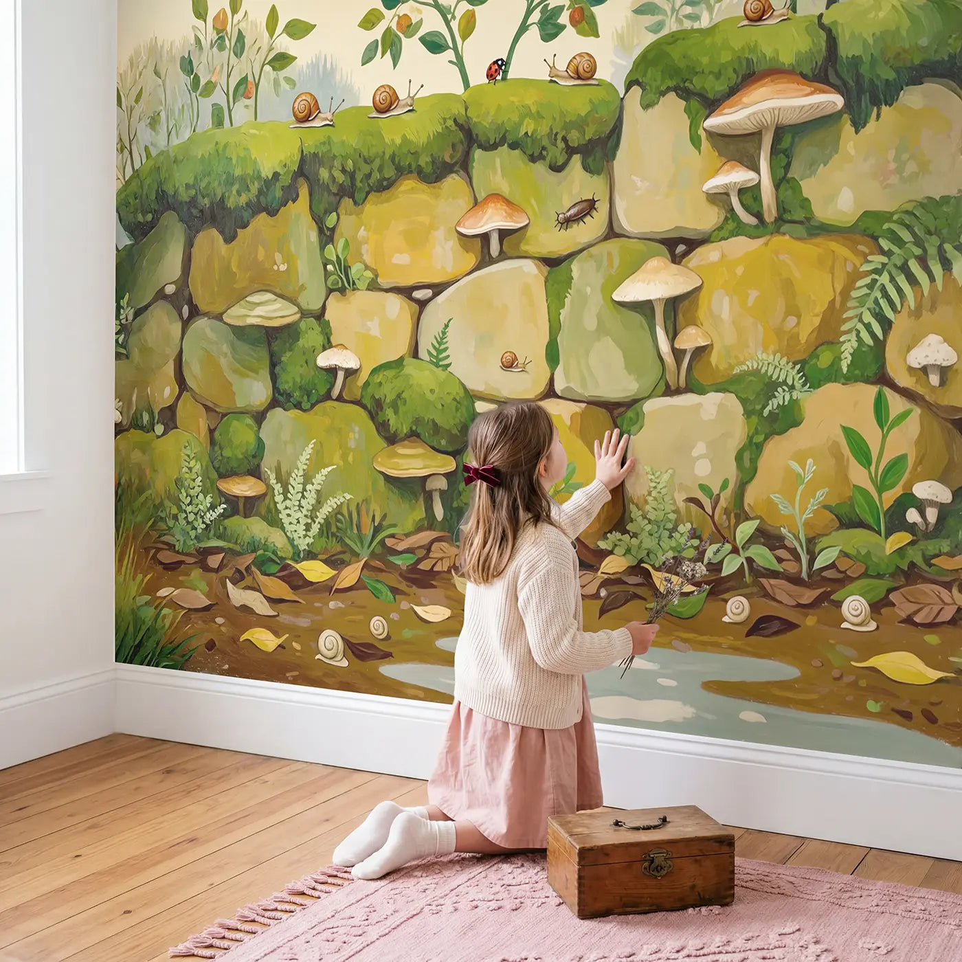 Child in nursery with Snail and Mushroom Garden Wall Wallpaper Mural by Whimsy Tots