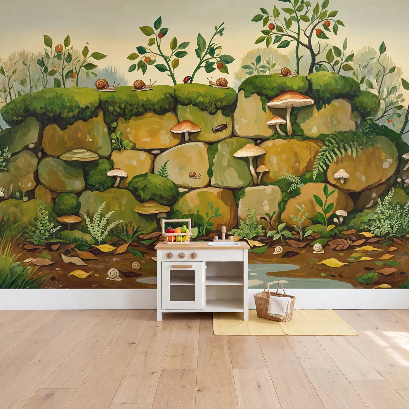 Snail and Mushroom Garden Wall Wallpaper Mural in playroom setting by Whimsy Tots