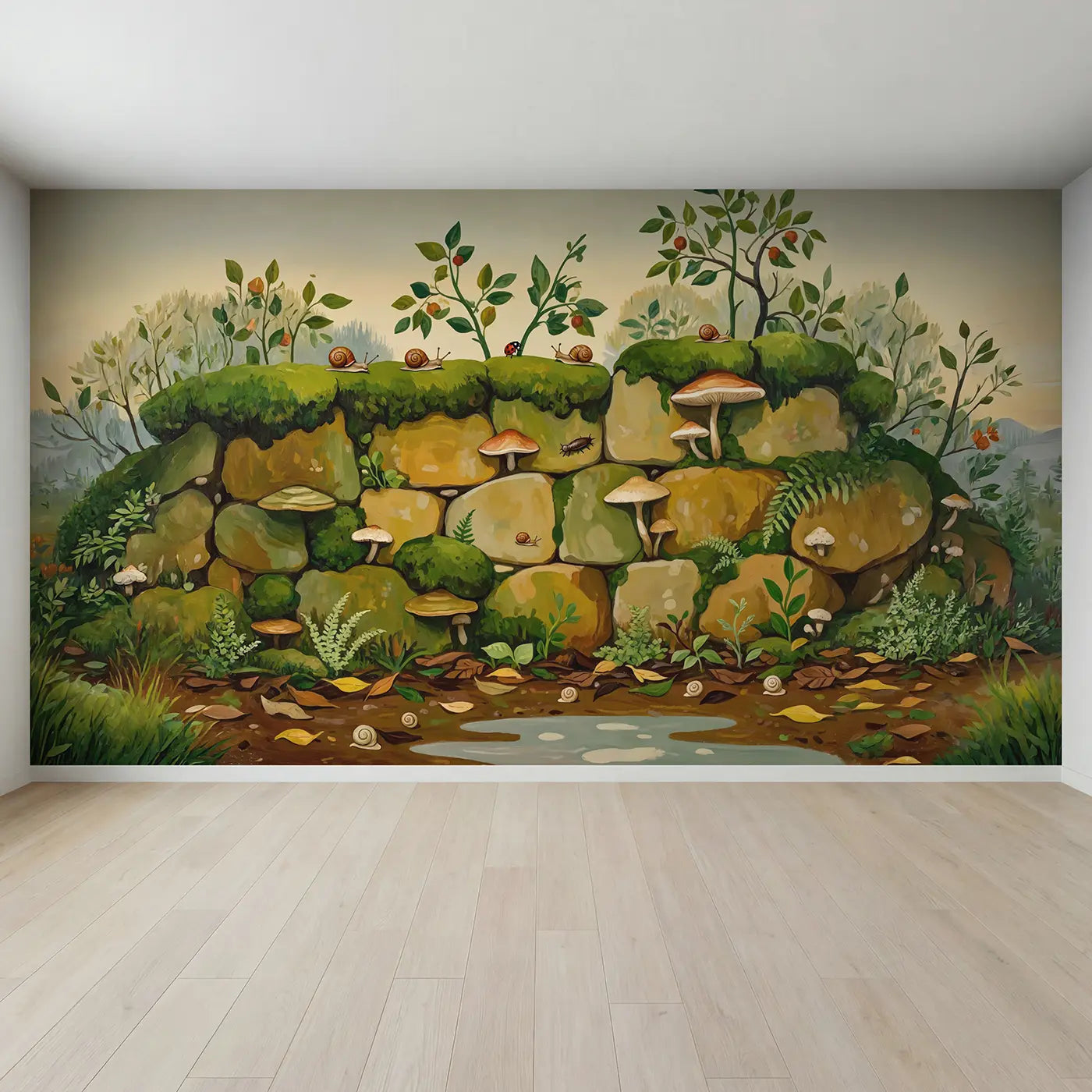 Full view of Snail and Mushroom Garden Wall Wallpaper Mural by Whimsy Tots