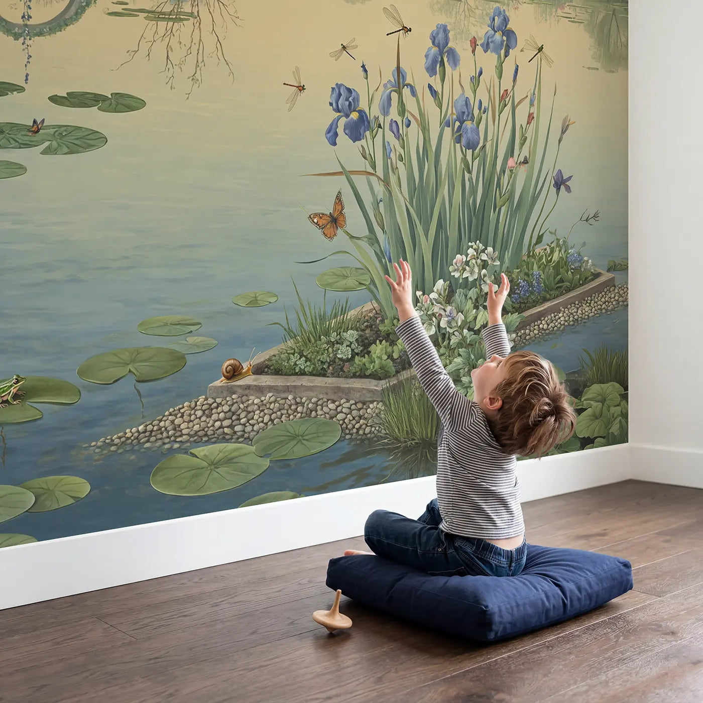 Child in nursery with Pond Garden Panorama Wallpaper Mural by Whimsy Tots