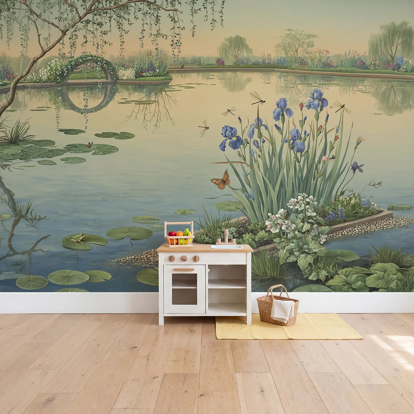 Pond Garden Panorama Wallpaper Mural in playroom setting by Whimsy Tots