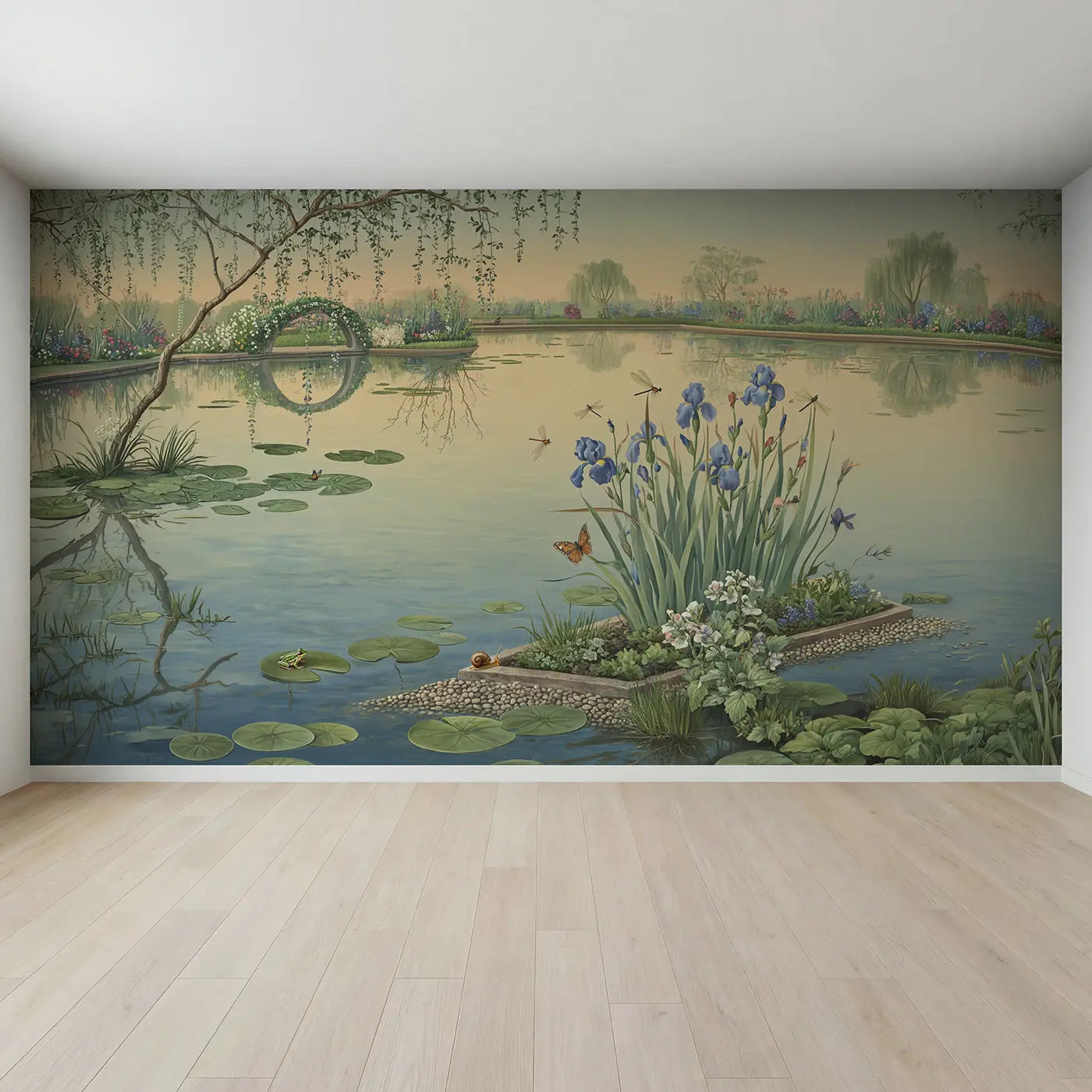 Full view of Pond Garden Panorama Wallpaper Mural by Whimsy Tots