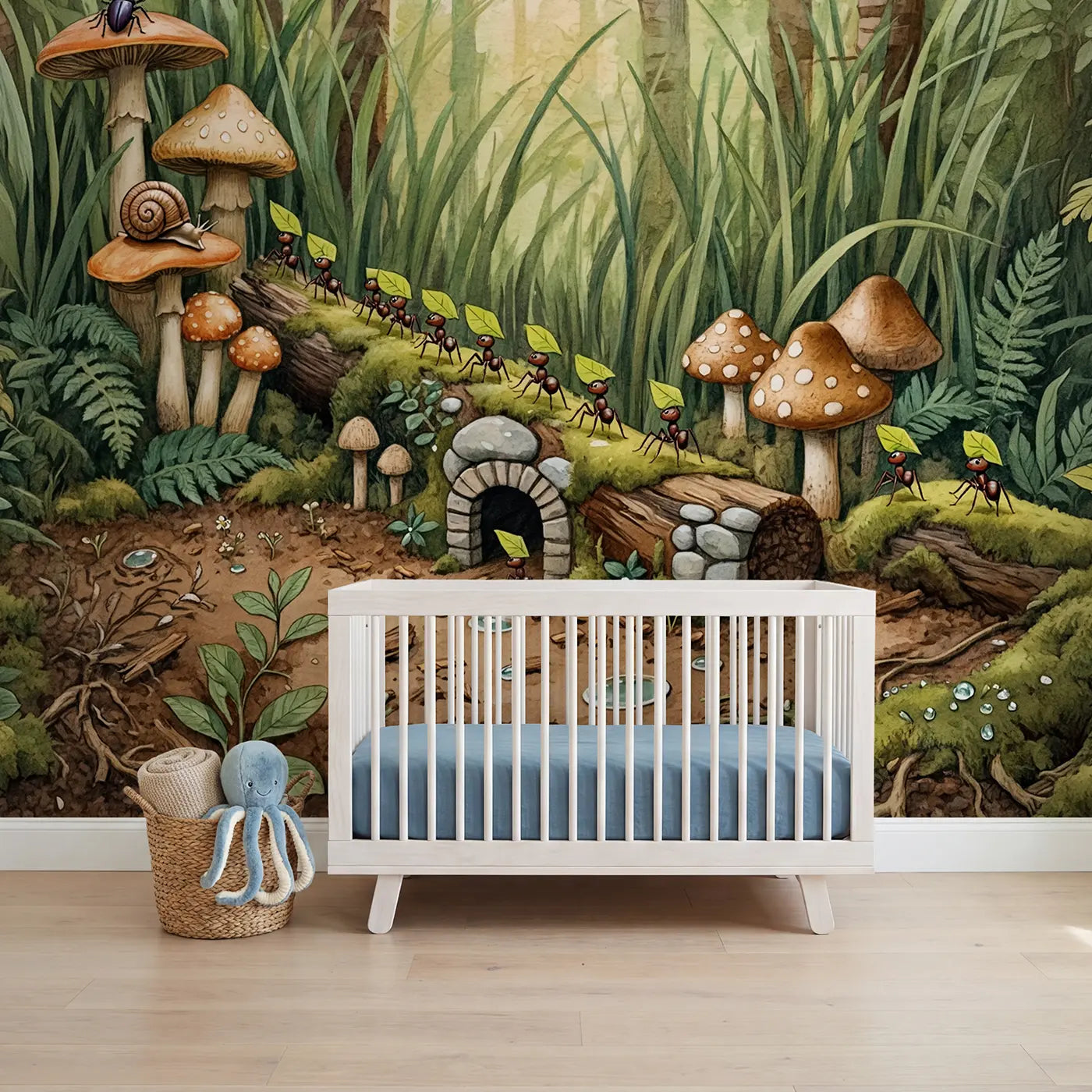 storybook ant trail mushroom forest floor wallpaper mural for boys room by Whimsy Tots