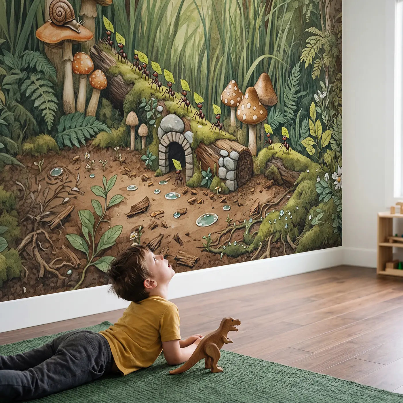 Child in nursery with Ant Trail Mushroom Forest Wallpaper Mural by Whimsy Tots