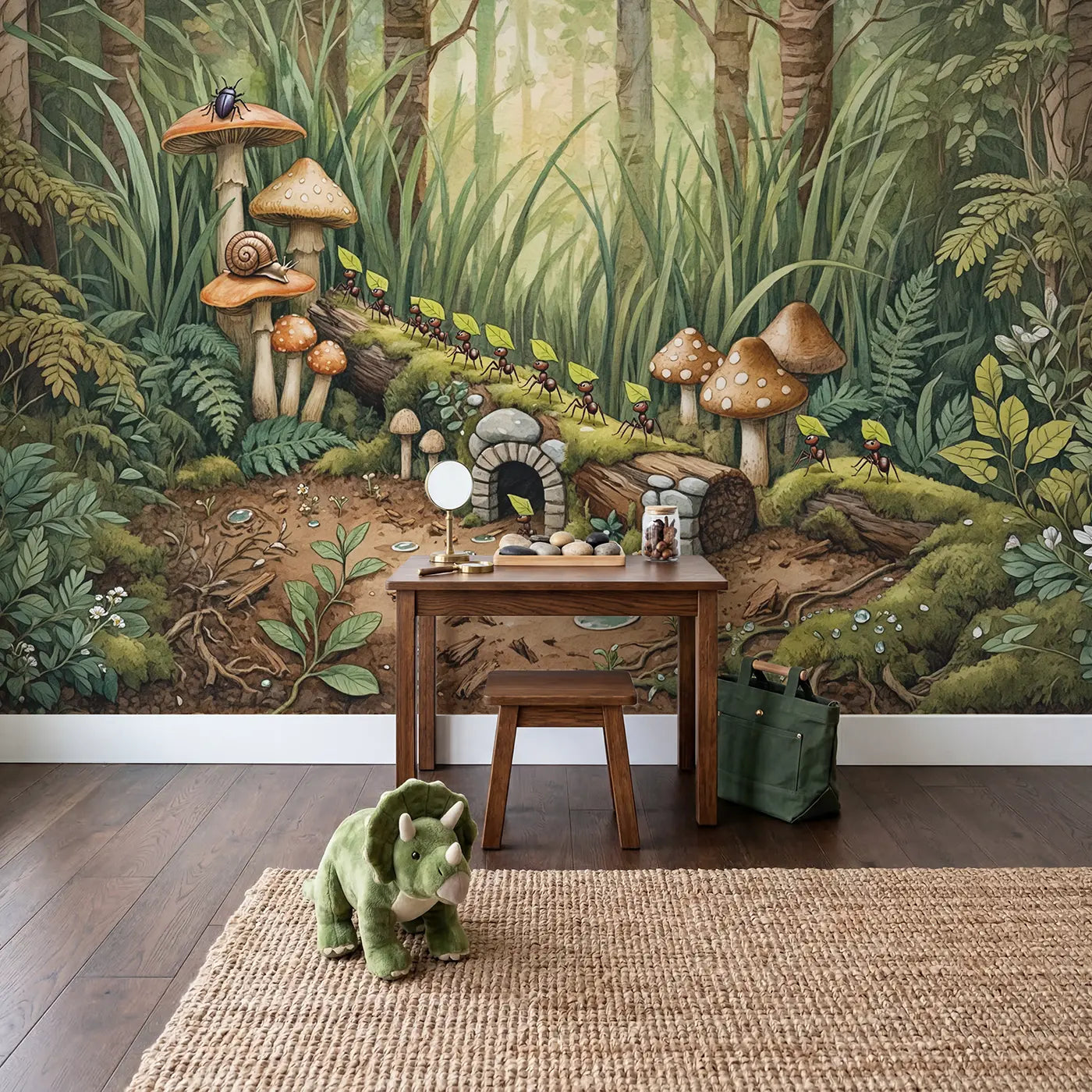 Ant Trail Mushroom Forest Wallpaper Mural in playroom setting by Whimsy Tots