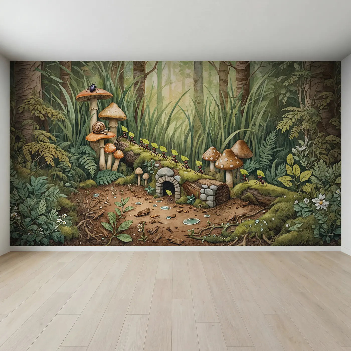 Full view of Ant Trail Mushroom Forest Wallpaper Mural by Whimsy Tots