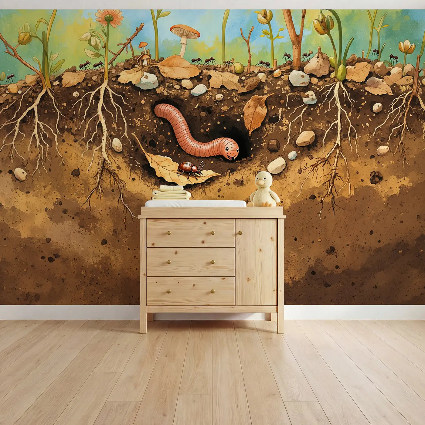 soft pastel compost garden underground bugs wallpaper mural for kids room by Whimsy Tots