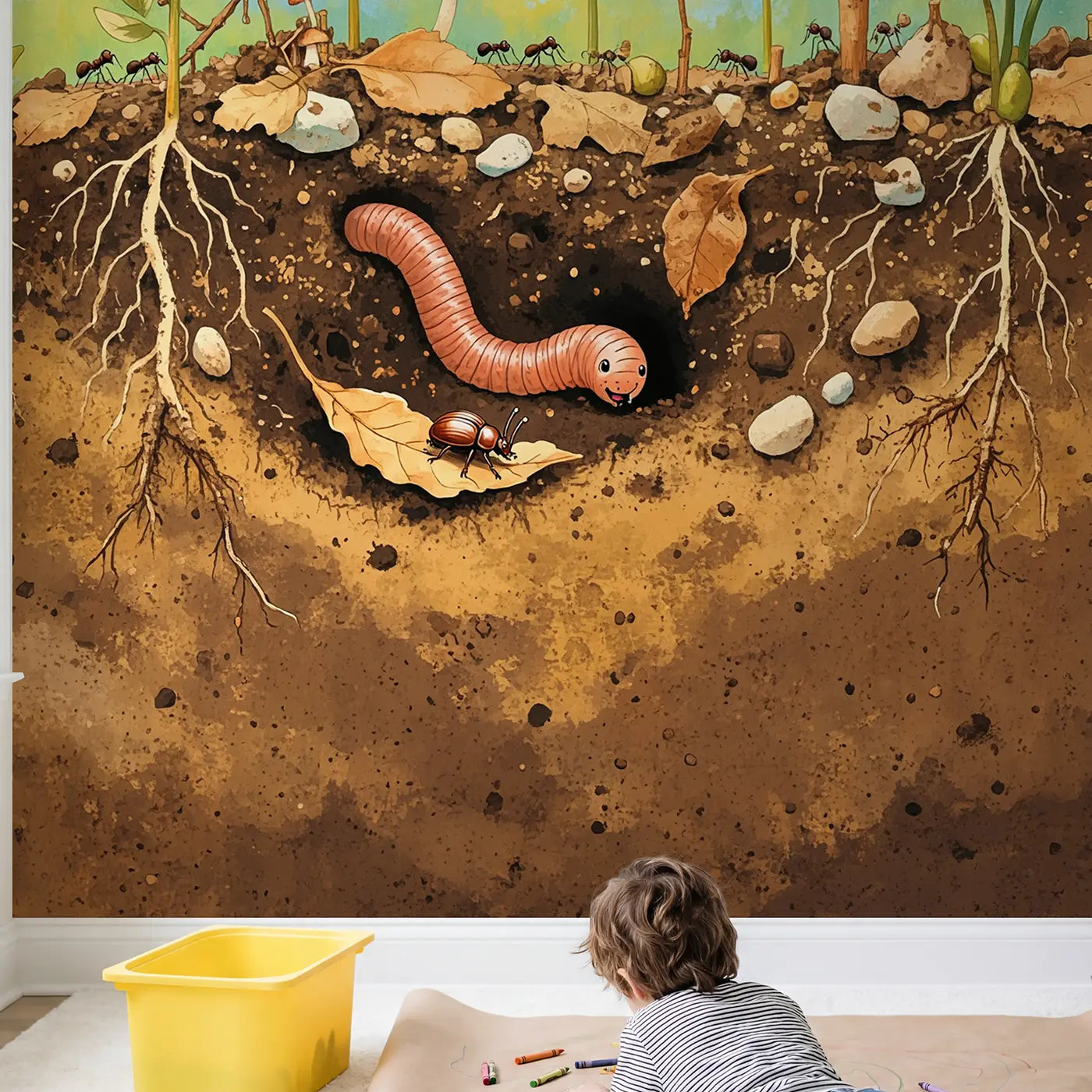 Child in nursery with Compost Garden Underground Wallpaper Mural by Whimsy Tots