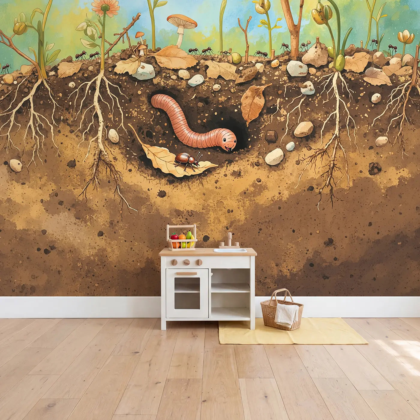 Compost Garden Underground Wallpaper Mural in playroom setting by Whimsy Tots