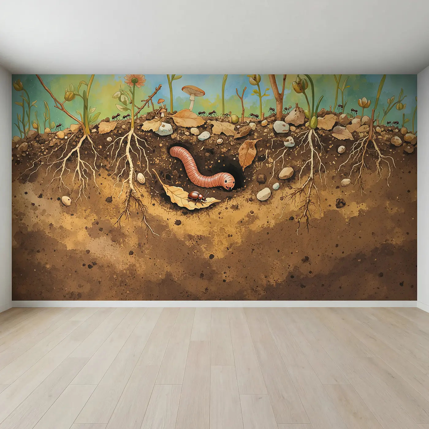 Full view of Compost Garden Underground Wallpaper Mural by Whimsy Tots