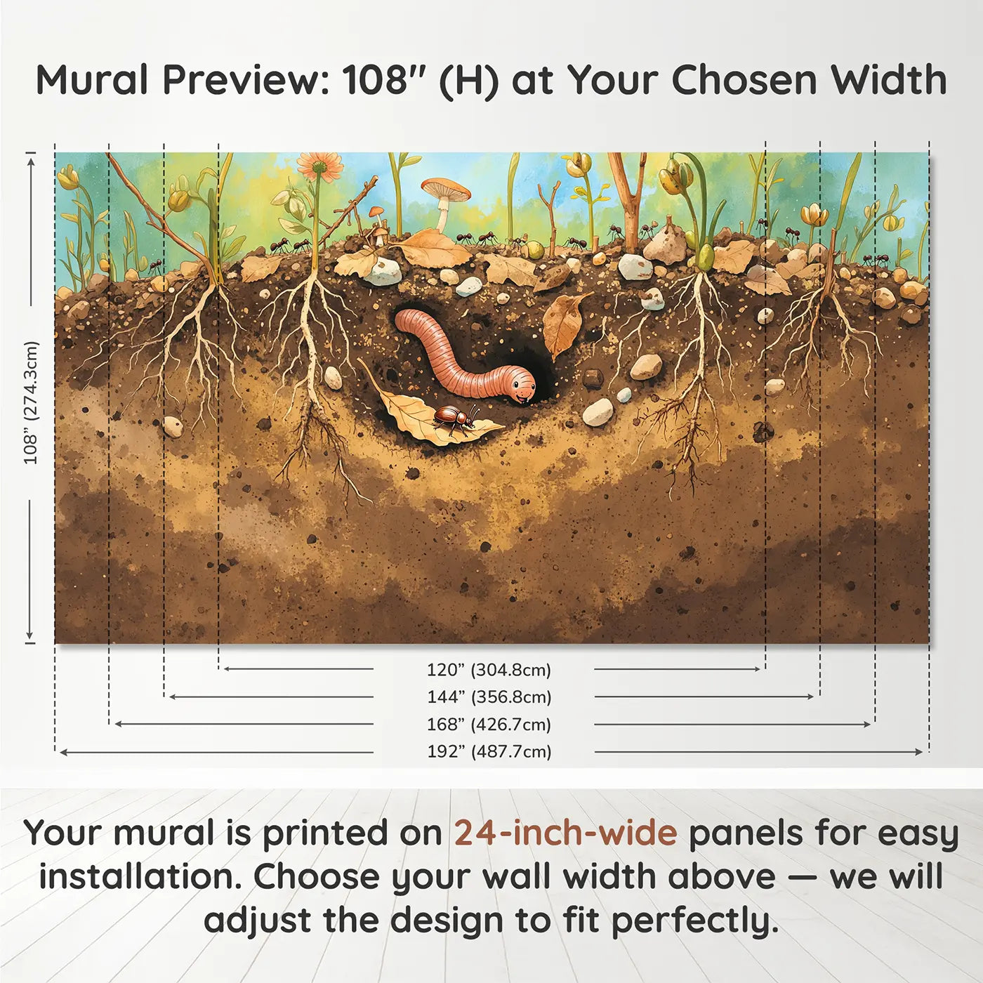 Panel layout and dimensions for Compost Garden Underground Wallpaper Mural by Whimsy Tots