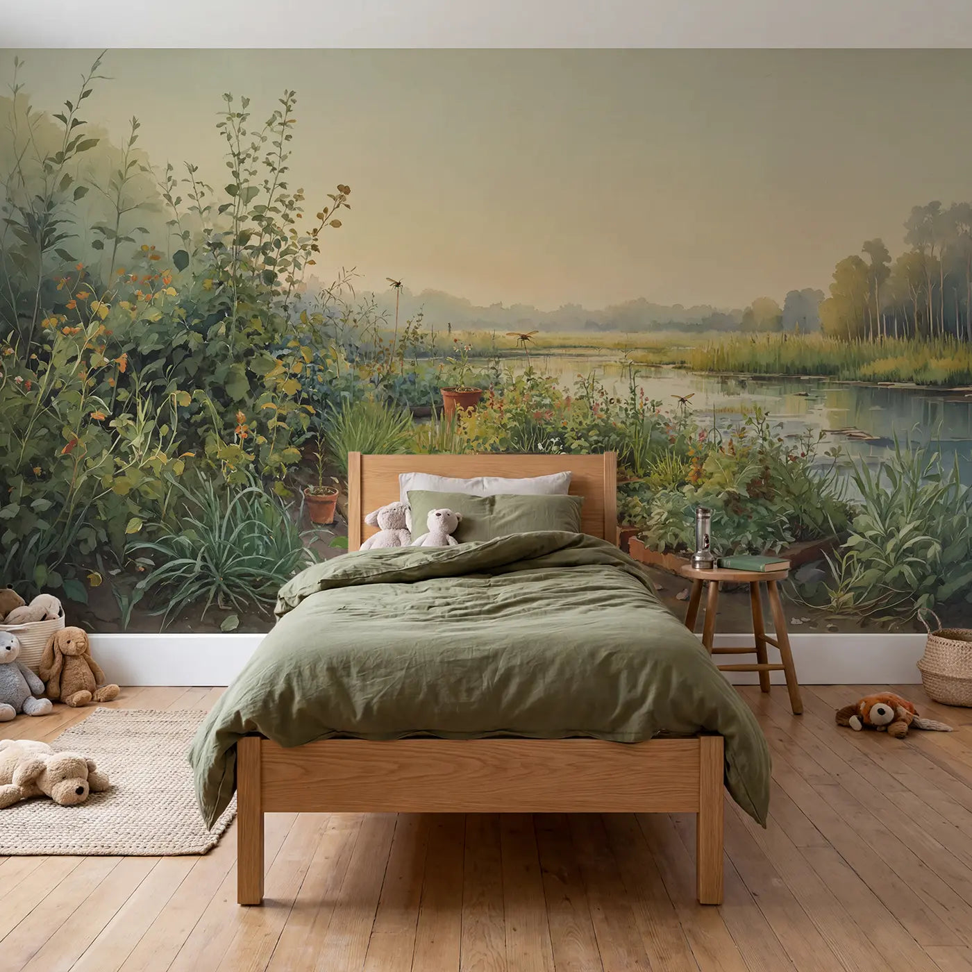 watercolor bog garden insects wallpaper mural for kids room by Whimsy Tots