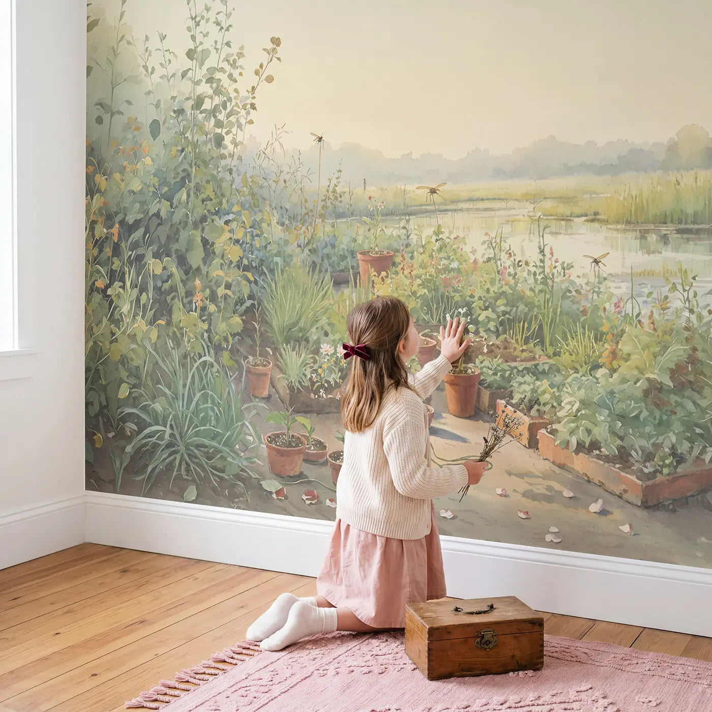 Child in nursery with Bog Garden Unique Insect Wallpaper Mural by Whimsy Tots