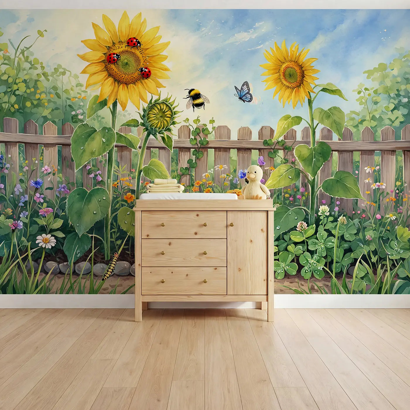 Watercolor ladybug sunflower garden wallpaper mural for kids room by Whimsy Tots