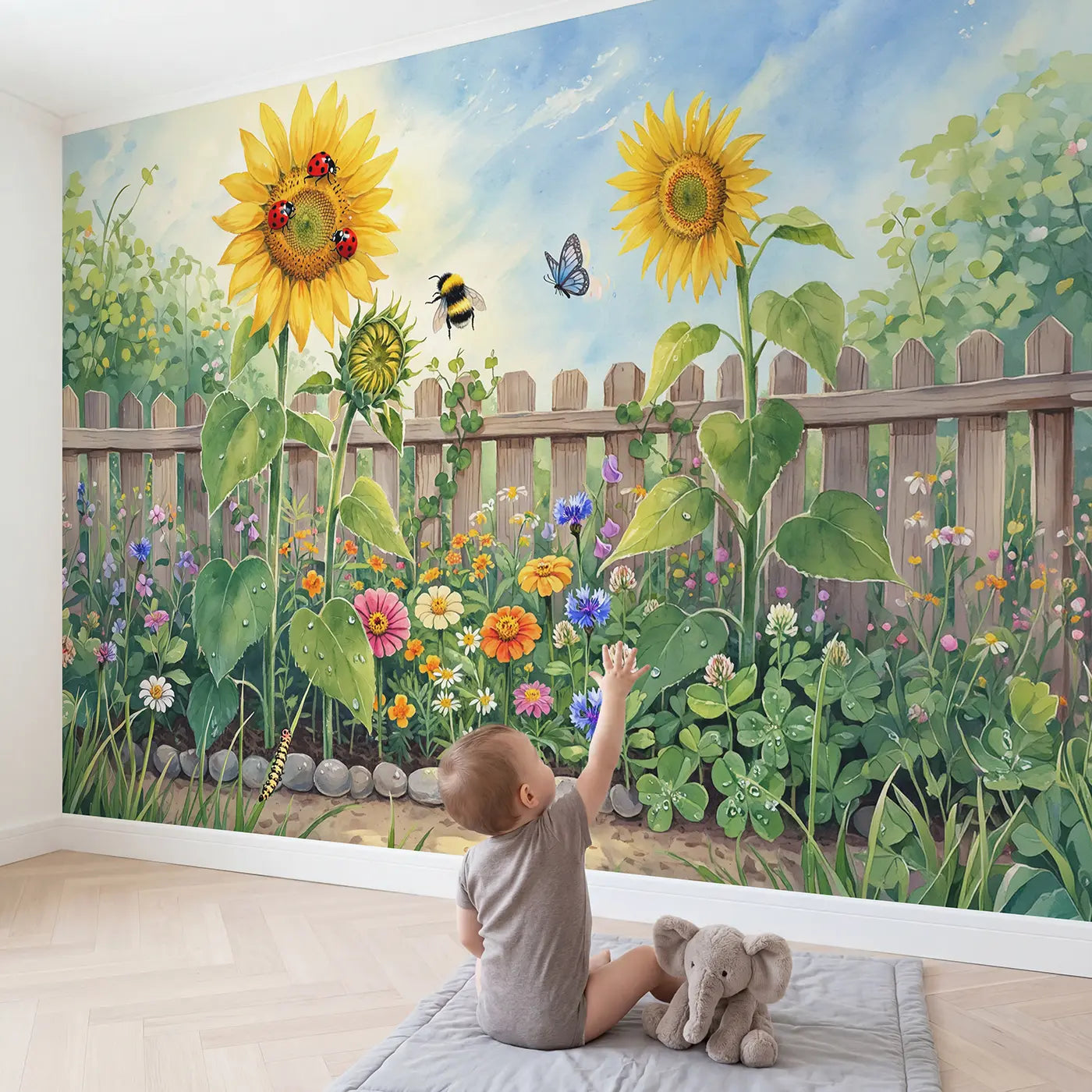 Child in nursery with Ladybug Sunflower Garden Wallpaper Mural by Whimsy Tots