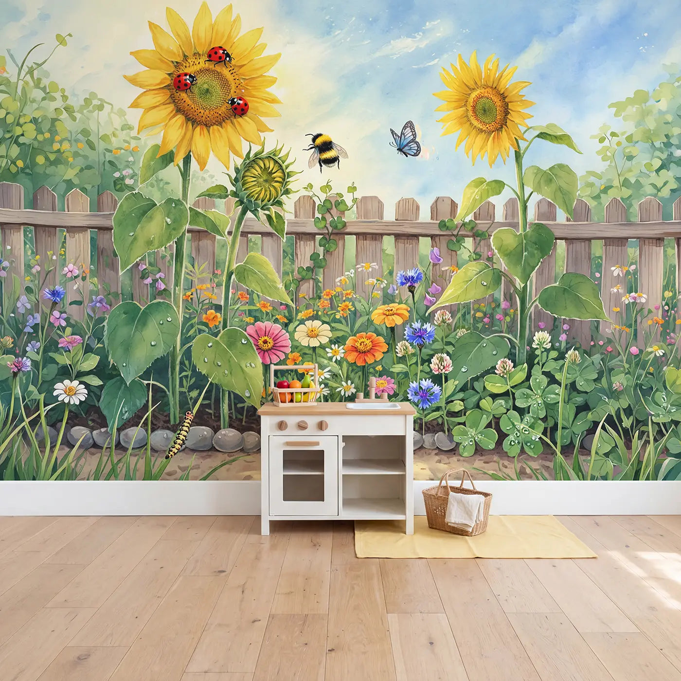 Ladybug Sunflower Garden Wallpaper Mural in playroom setting by Whimsy Tots