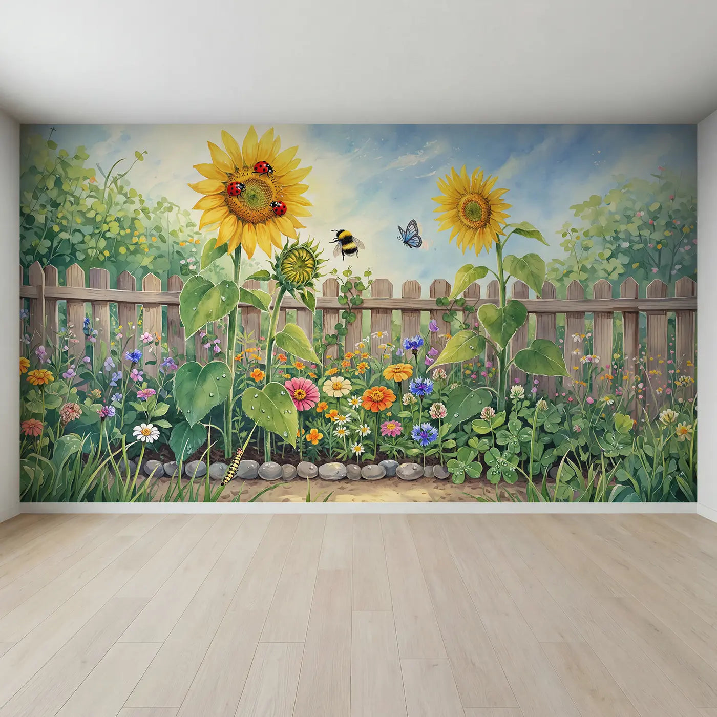 Full view of Ladybug Sunflower Garden Wallpaper Mural by Whimsy Tots