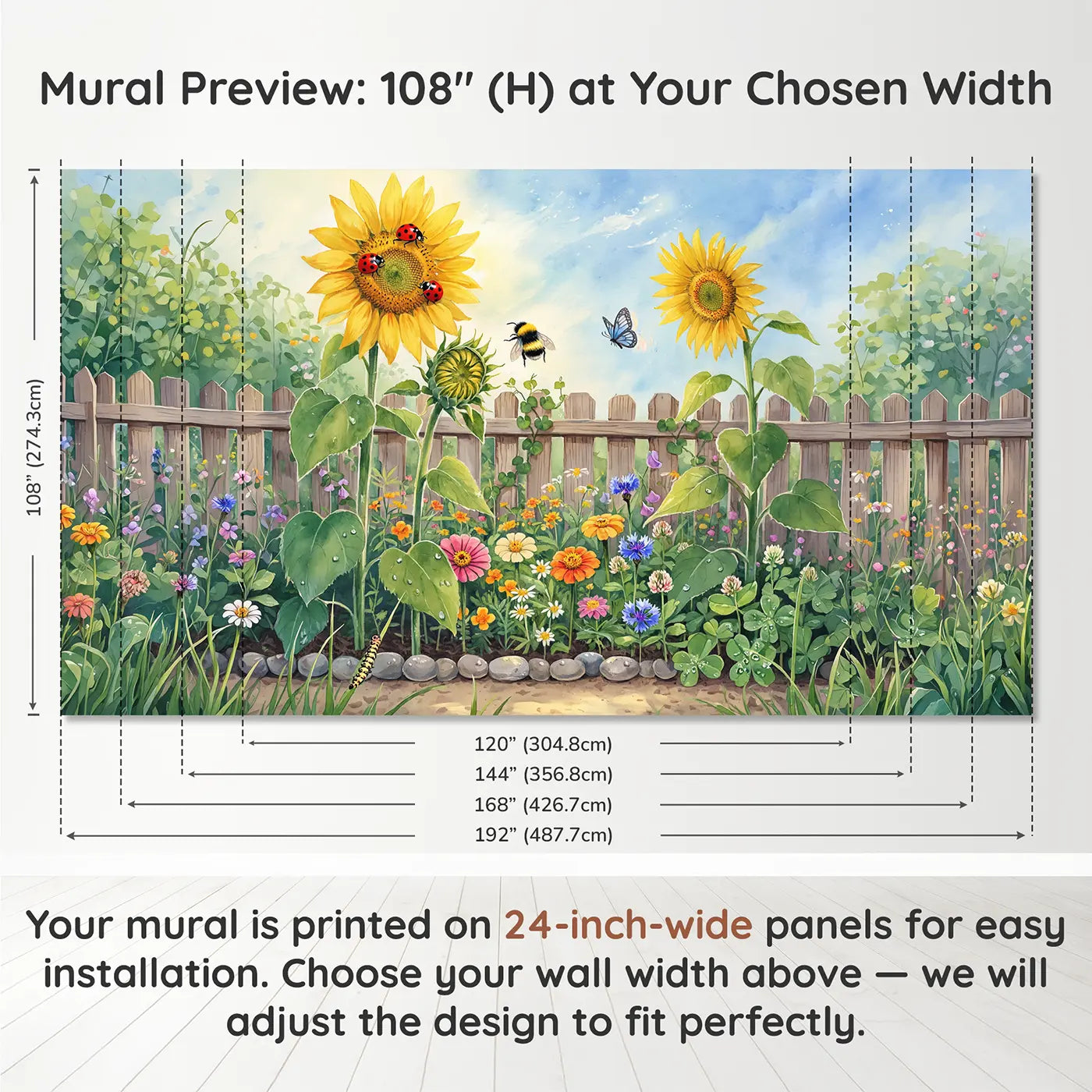 Panel layout and dimensions for Ladybug Sunflower Garden Wallpaper Mural by Whimsy Tots