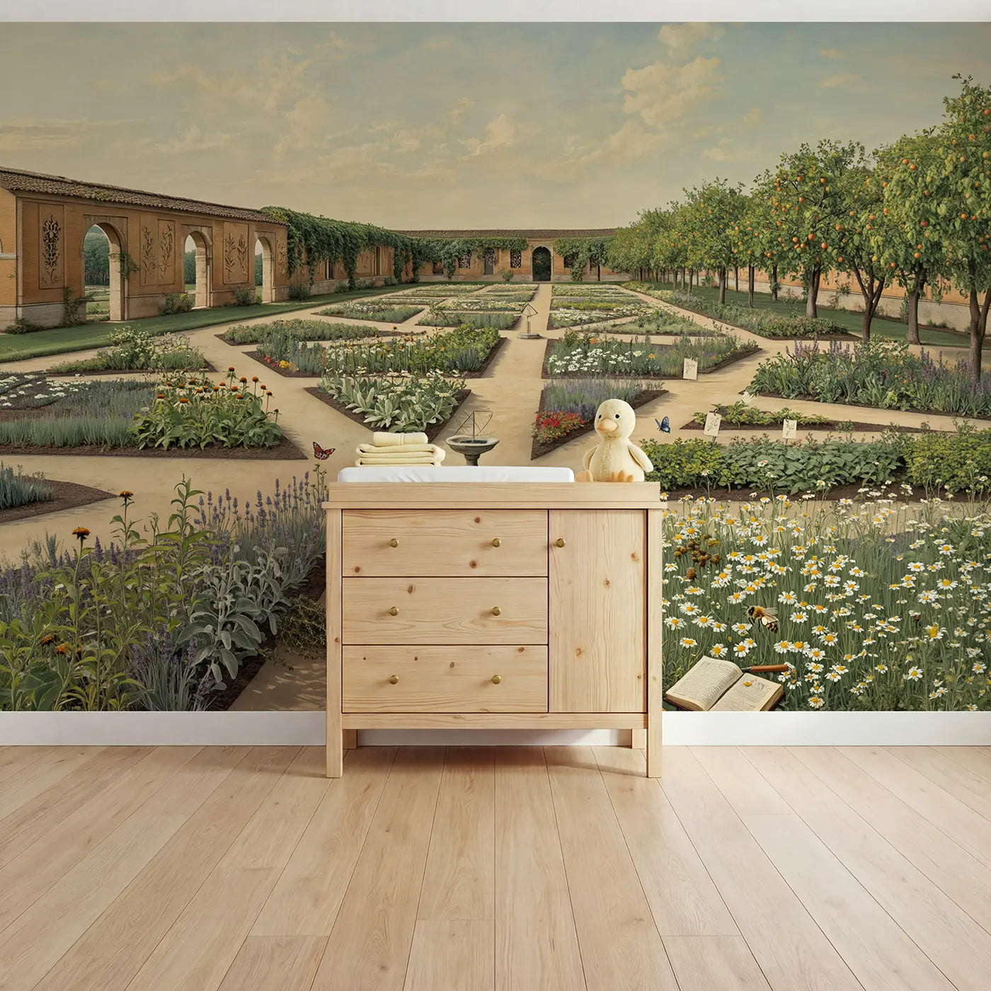 Botanical elegance monastery herb garden wallpaper mural for kids room by Whimsy Tots