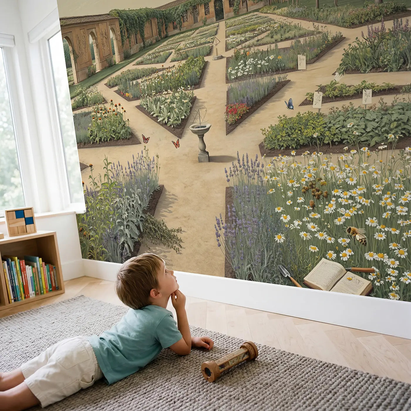 Child in nursery with Monastery Herb Garden Wallpaper Mural by Whimsy Tots