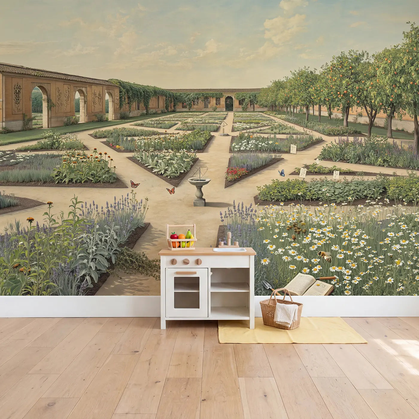 Monastery Herb Garden Wallpaper Mural in playroom setting by Whimsy Tots