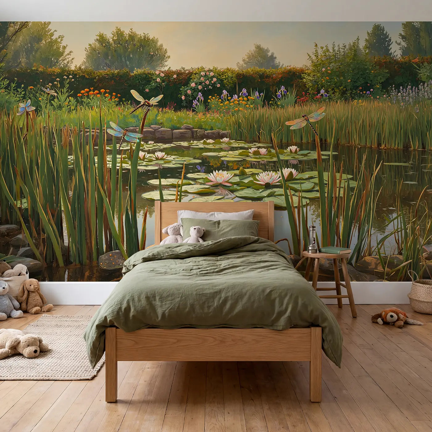 Painted dragonfly and garden wallpaper mural for kids room by Whimsy Tots