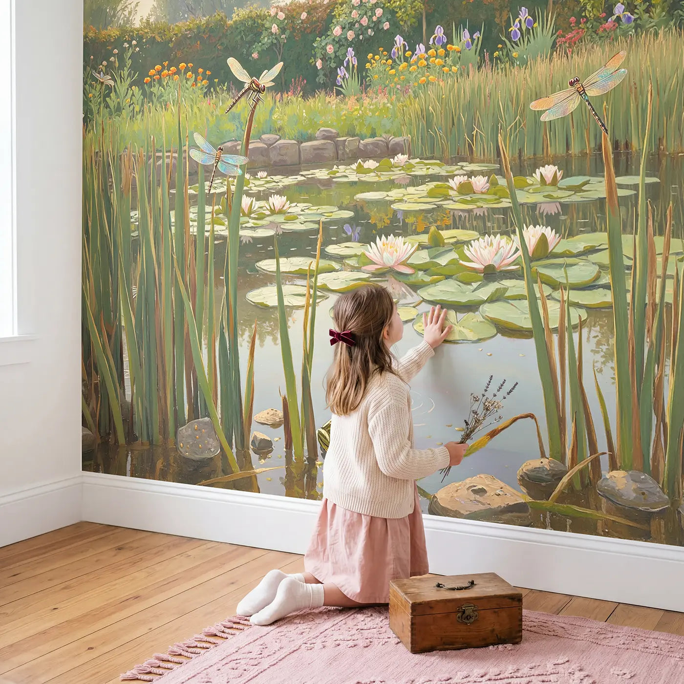Child in nursery with Dragonfly Lily Pond Garden Wallpaper Mural by Whimsy Tots