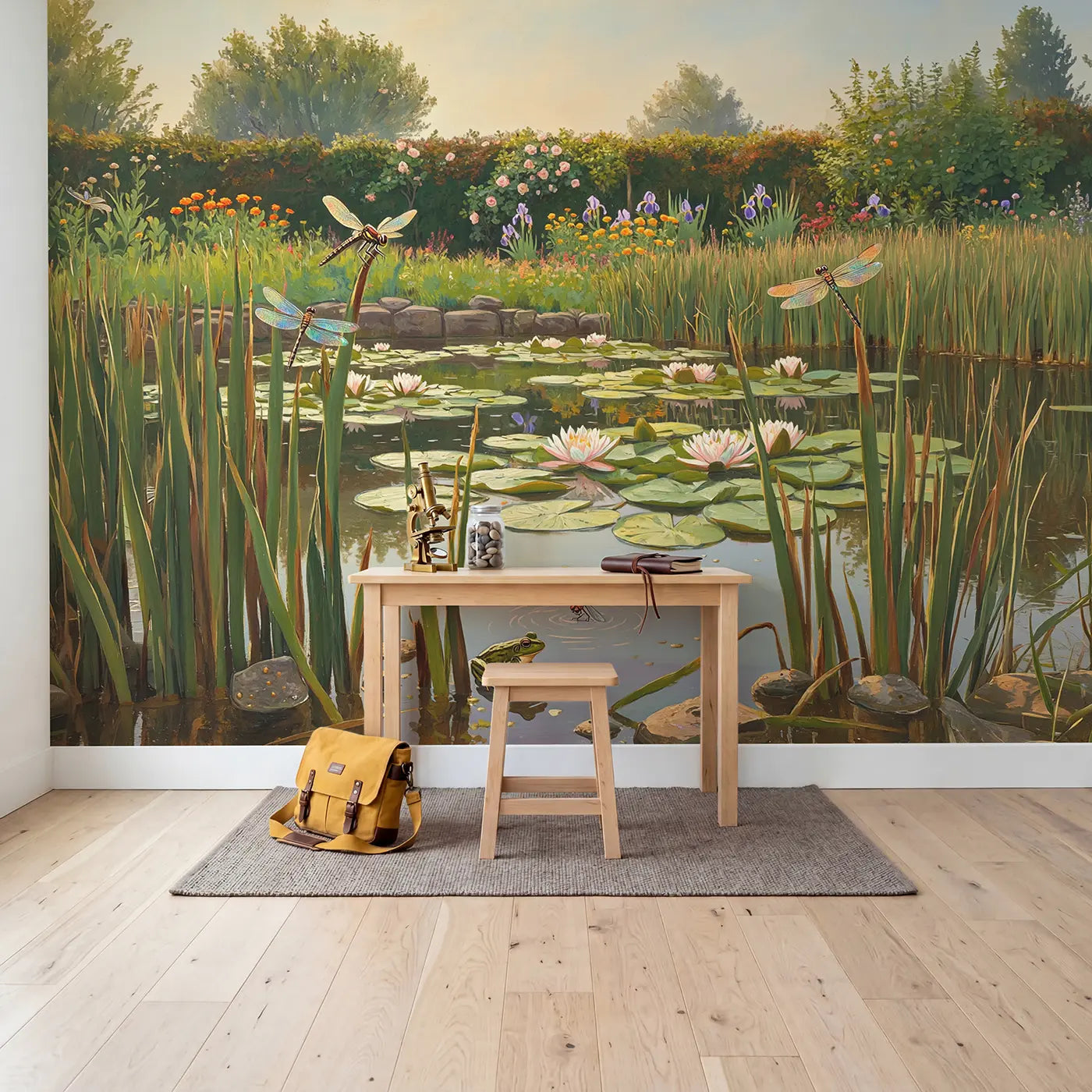 Dragonfly Lily Pond Garden Wallpaper Mural in playroom setting by Whimsy Tots