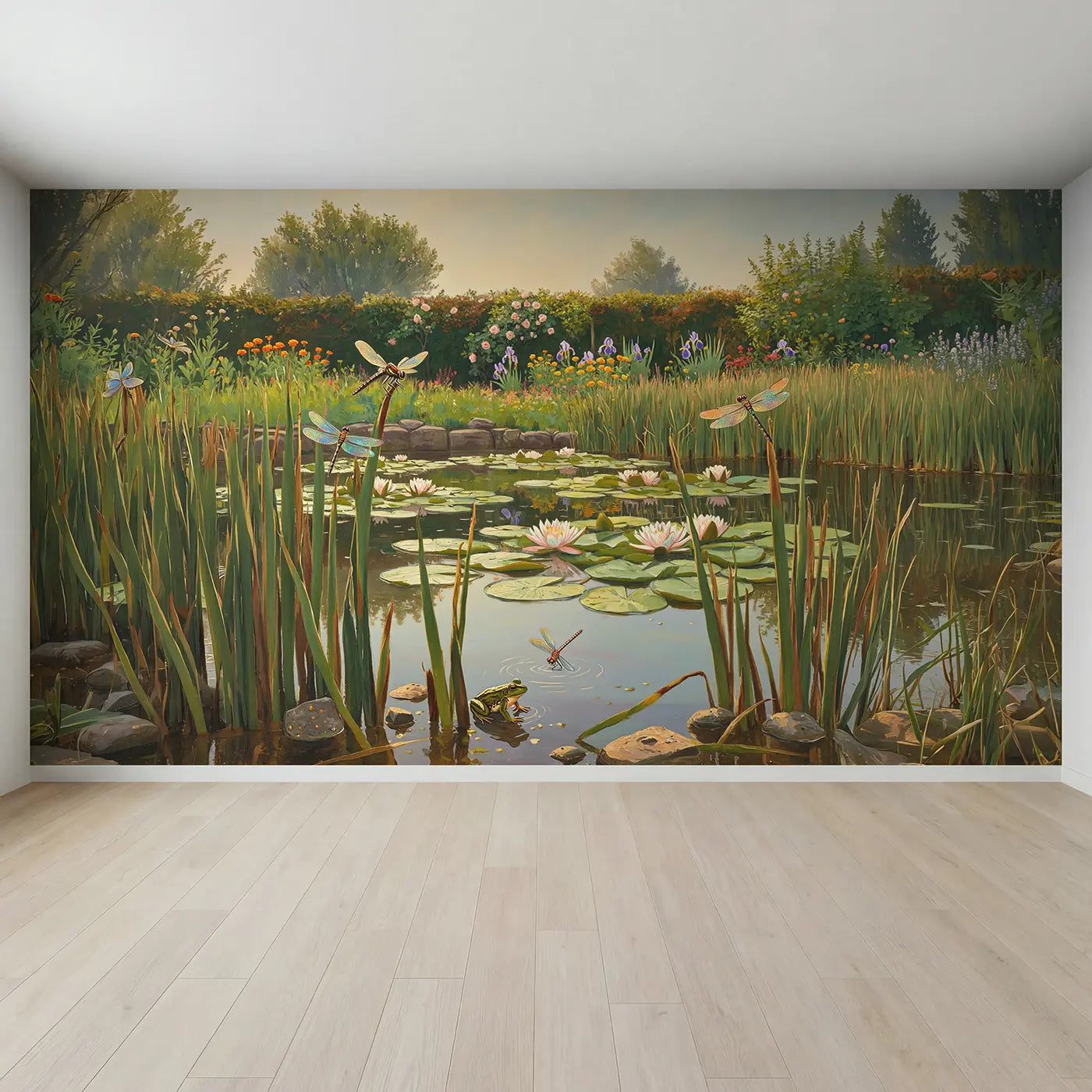 Full view of Dragonfly Lily Pond Garden Wallpaper Mural by Whimsy Tots