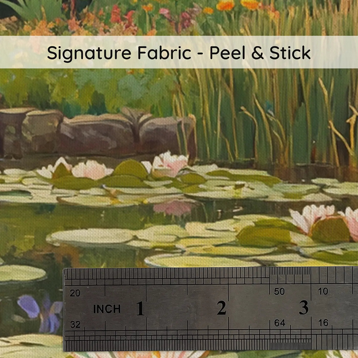 Fabric texture close-up of Dragonfly Lily Pond Garden Wallpaper Mural by Whimsy Tots