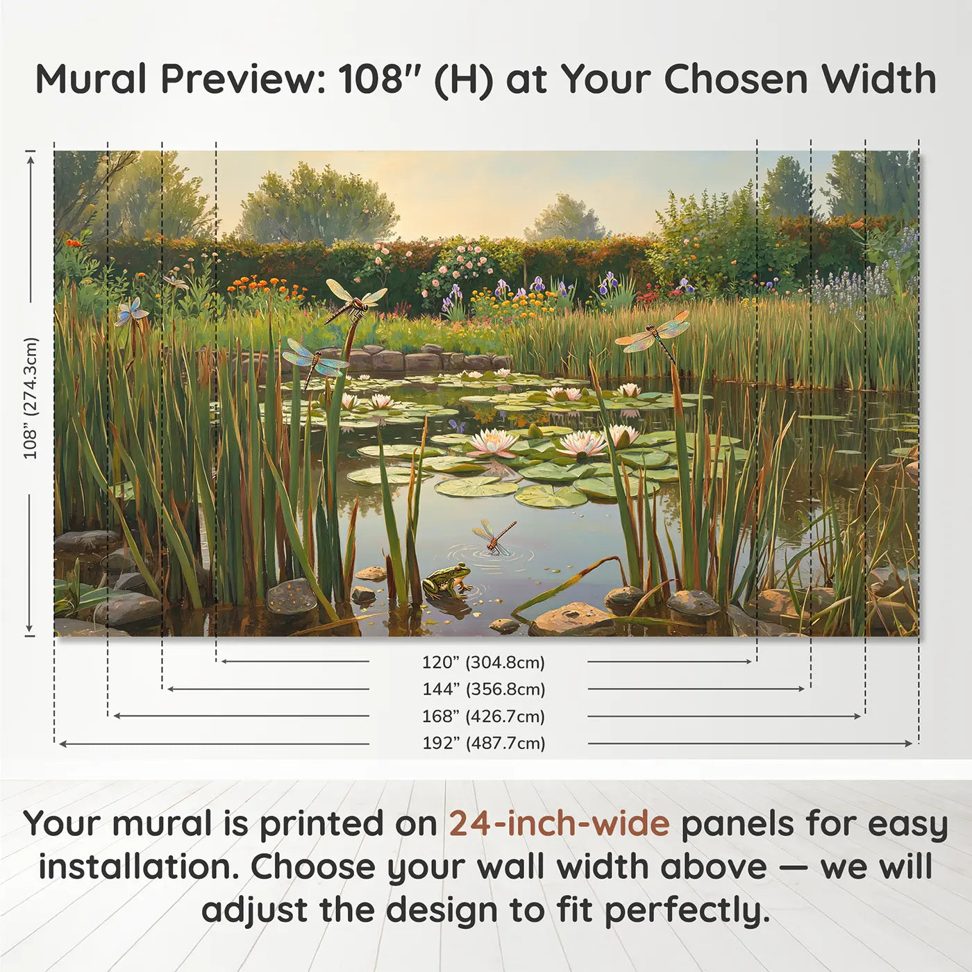 Panel layout and dimensions for Dragonfly Lily Pond Garden Wallpaper Mural by Whimsy Tots