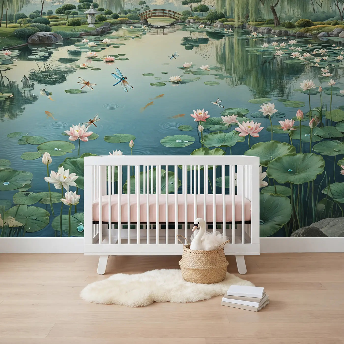 Botanical Elegance water lily dragonfly garden pond wallpaper mural for nursery by Whimsy Tots
