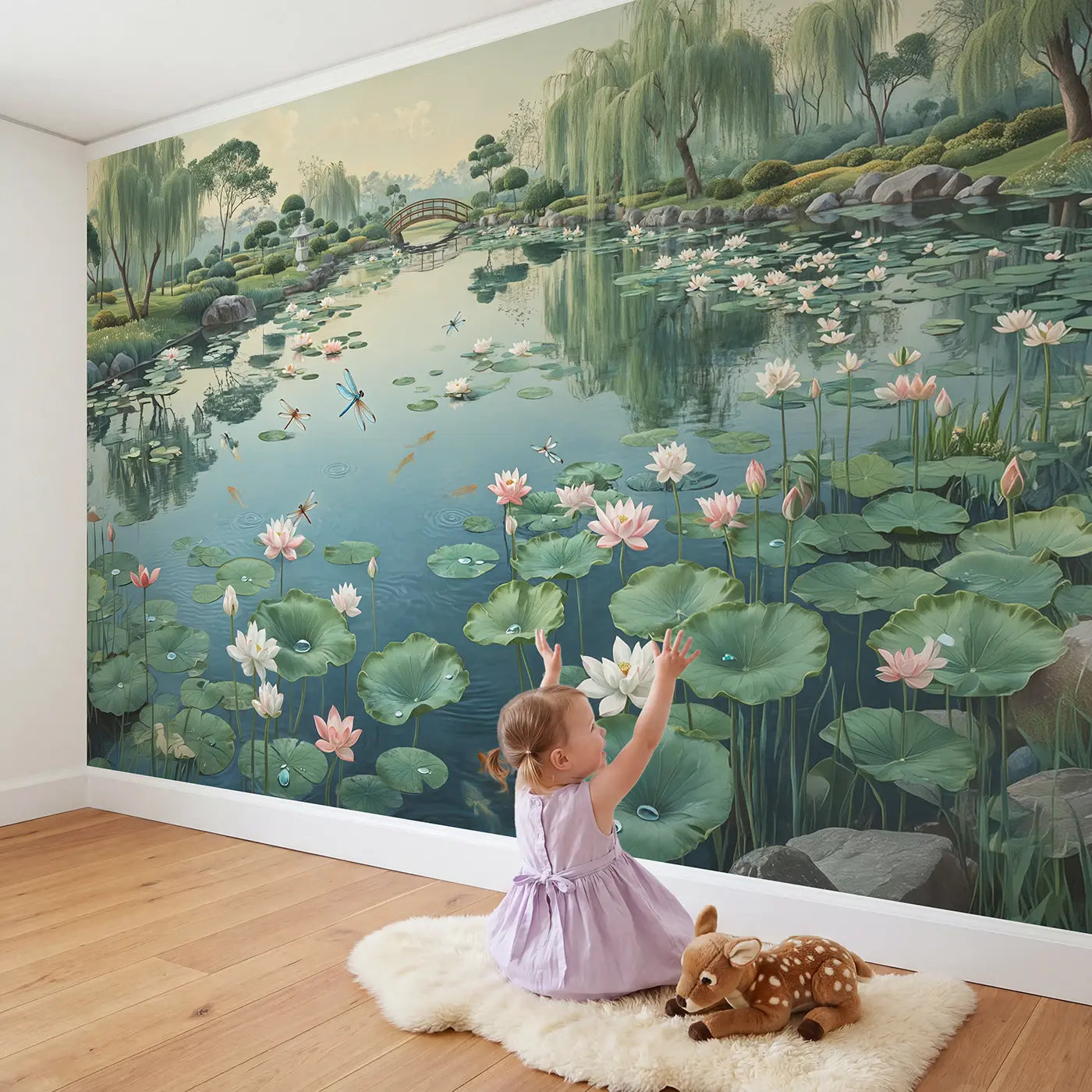 Child in nursery with Water Lily Dragonfly Garden Pond Wallpaper Mural by Whimsy Tots