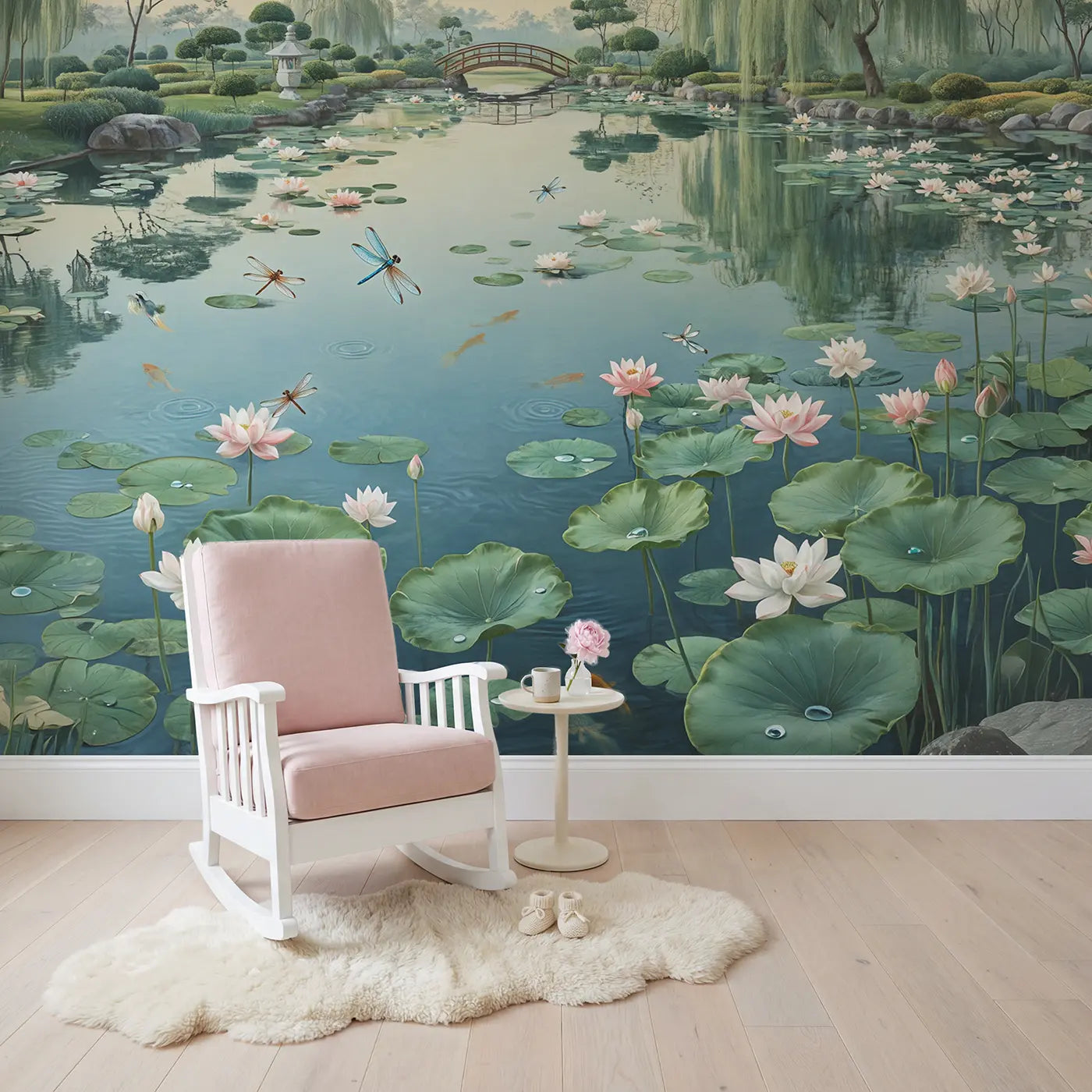 Water Lily Dragonfly Garden Pond Wallpaper Mural in playroom setting by Whimsy Tots