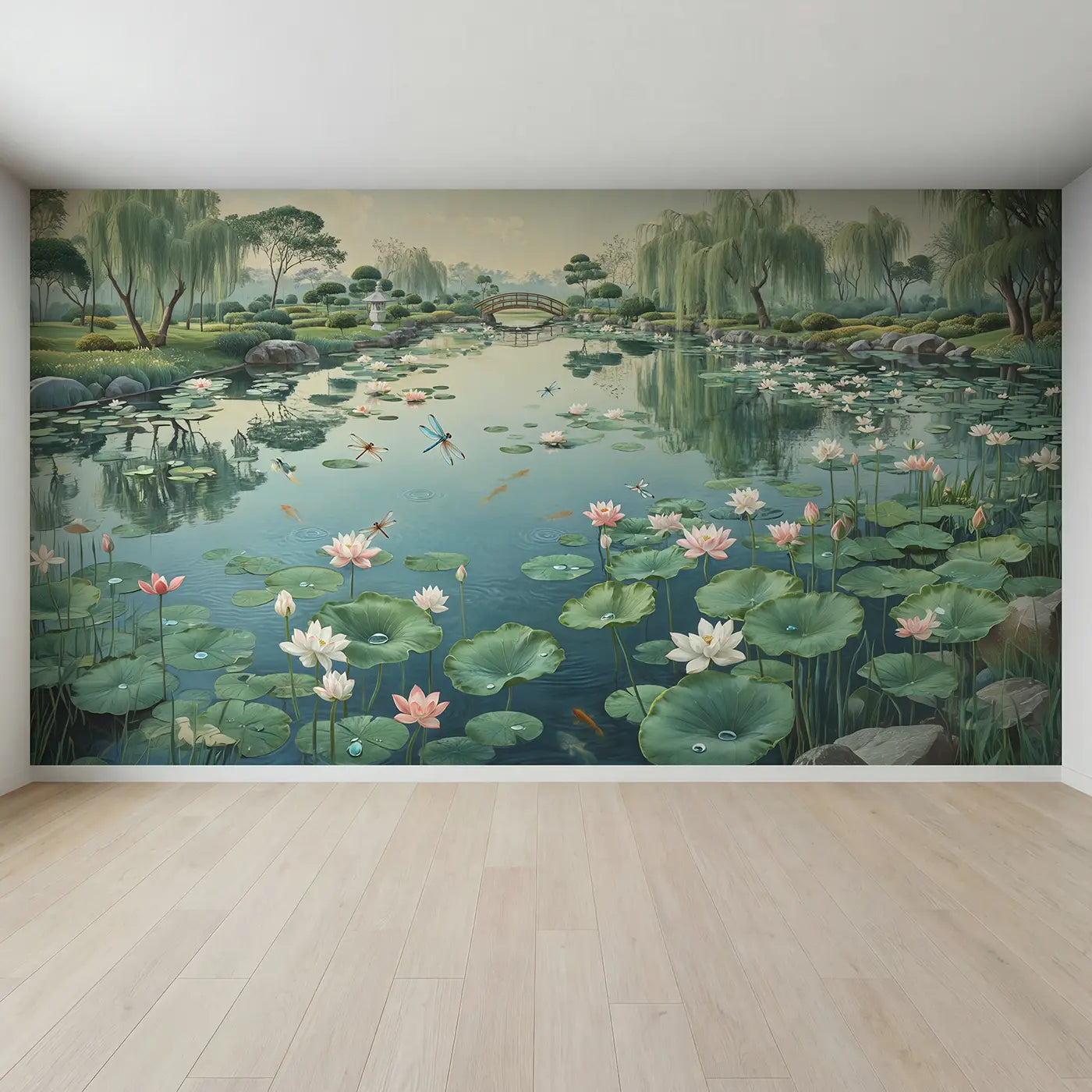 Full view of Water Lily Dragonfly Garden Pond Wallpaper Mural by Whimsy Tots