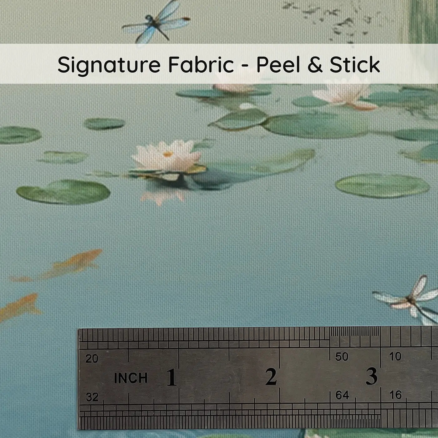 Fabric texture close-up of Water Lily Dragonfly Garden Pond Wallpaper Mural by Whimsy Tots