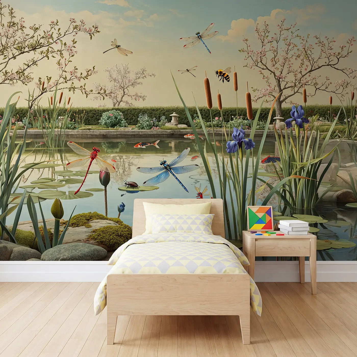 Botanical Elegance garden pond insect world wallpaper mural for kids room by Whimsy Tots