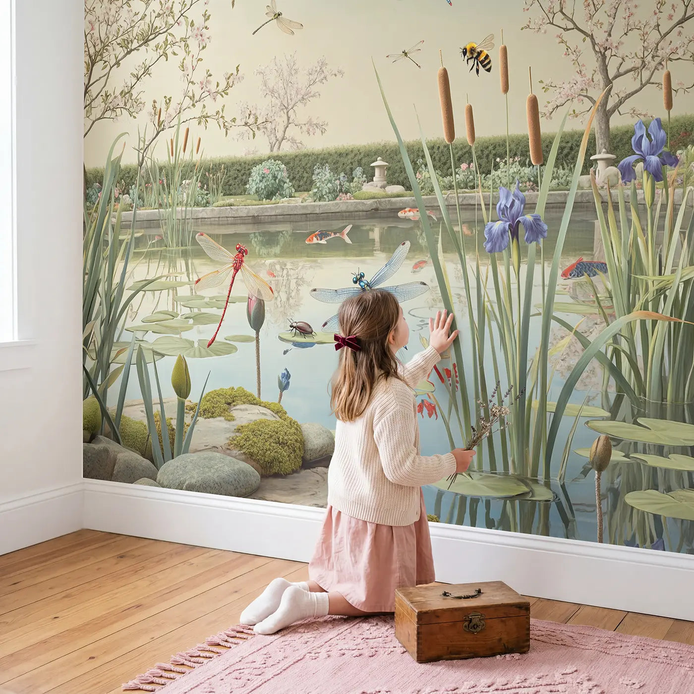 Child in nursery with Garden Pond Insect World Wallpaper Mural by Whimsy Tots
