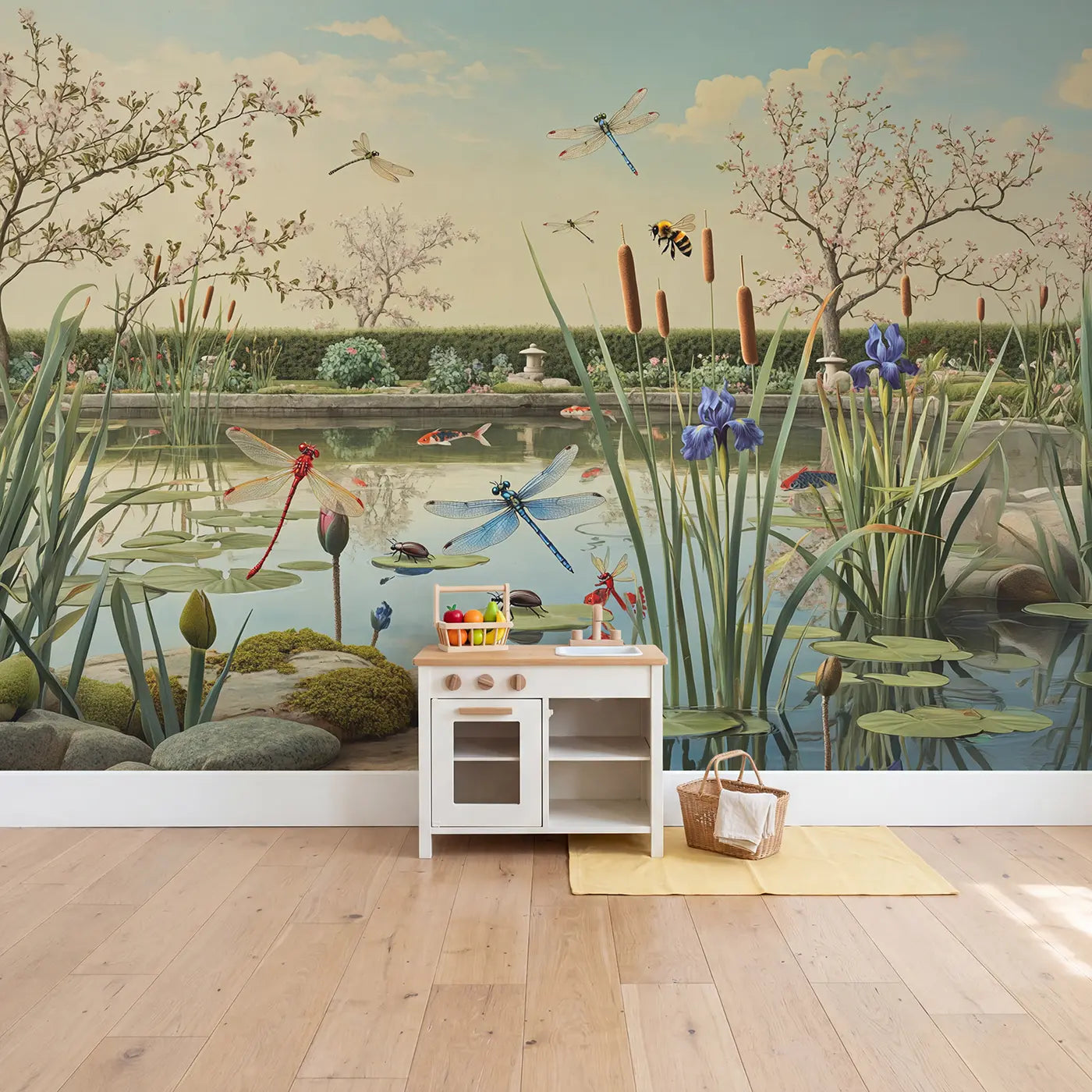 Garden Pond Insect World Wallpaper Mural in playroom setting by Whimsy Tots